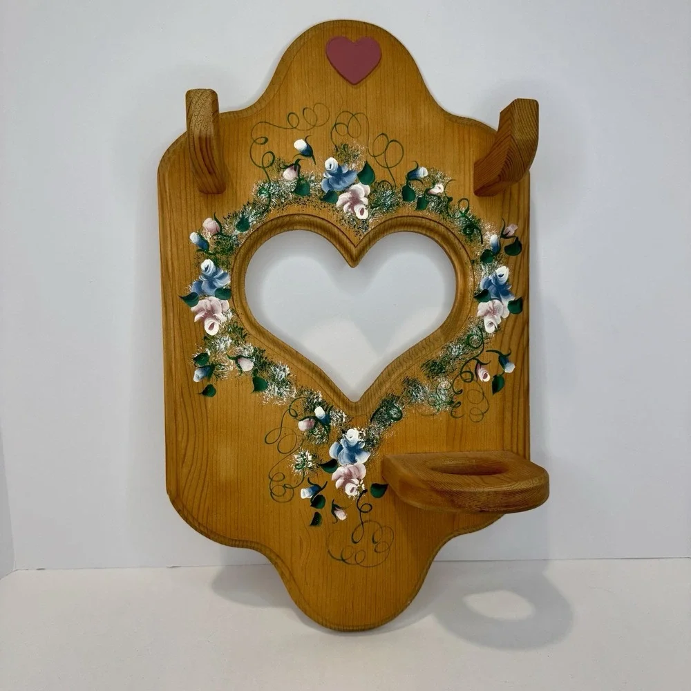 Vintage Wood Heart Cutout Hair Dryer Curling Iron Holder Wall Shelf Floral